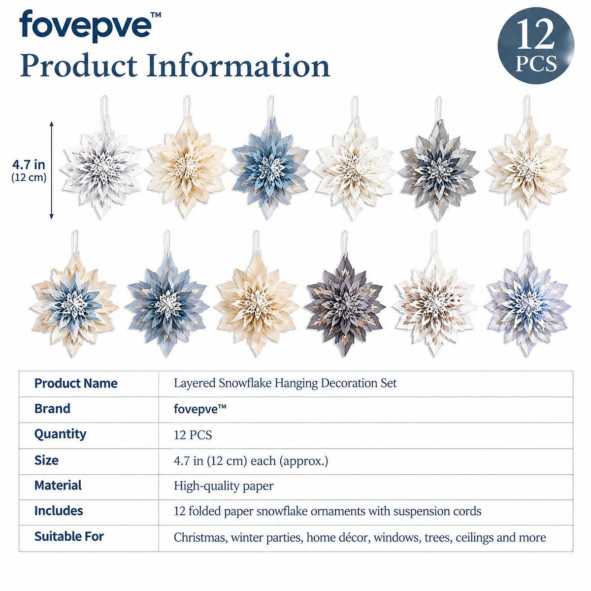 fovepve™ Layered Snowflake Hanging Decoration Set, Twelve Folded Paper Holiday Ornaments with Suspension Cords