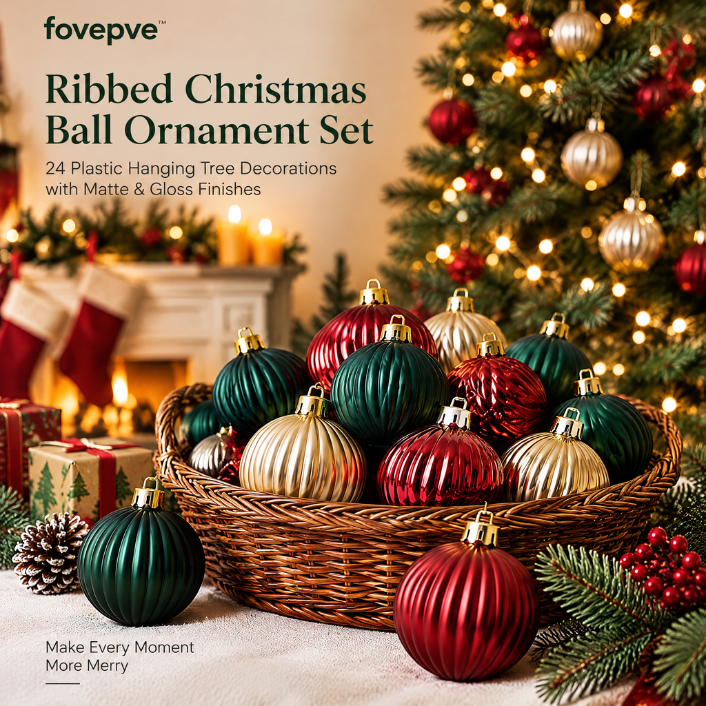 fovepve™ Ribbed Christmas Ball Ornament Set, 24 Plastic Hanging Tree Decorations with Matte & Gloss Finishes