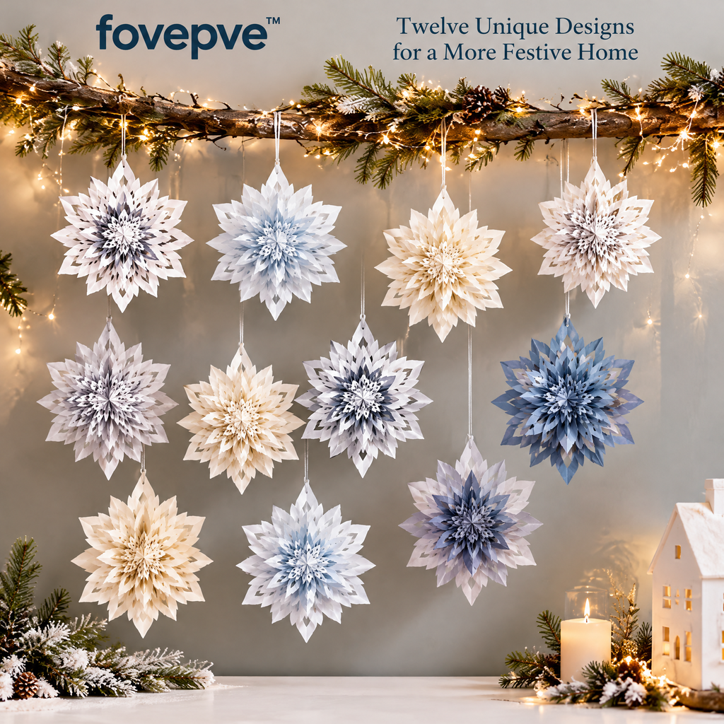 fovepve™ Layered Snowflake Hanging Decoration Set, Twelve Folded Paper Holiday Ornaments with Suspension Cords