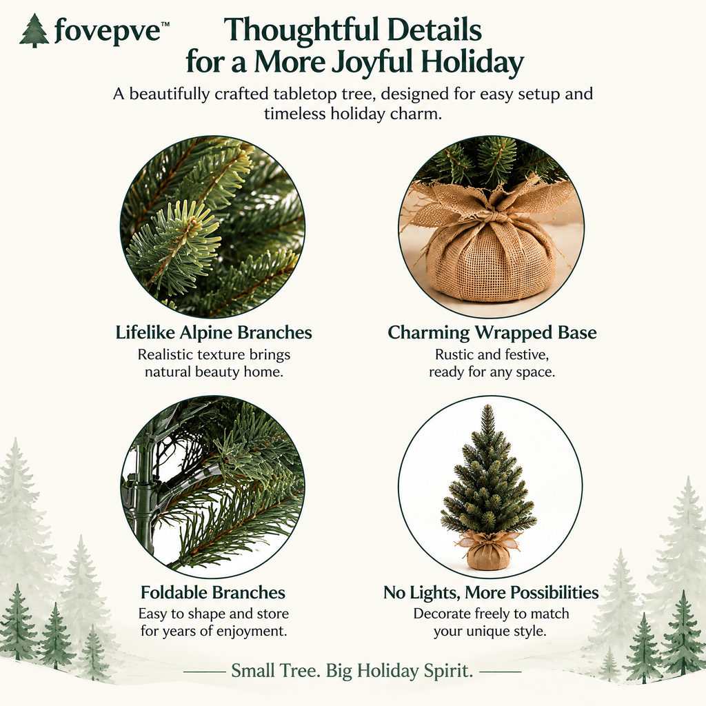 fovepve™ Alpine Tabletop Christmas Tree, 24-Inch Unlit Artificial Pine with Wrapped Base & Foldable Branches