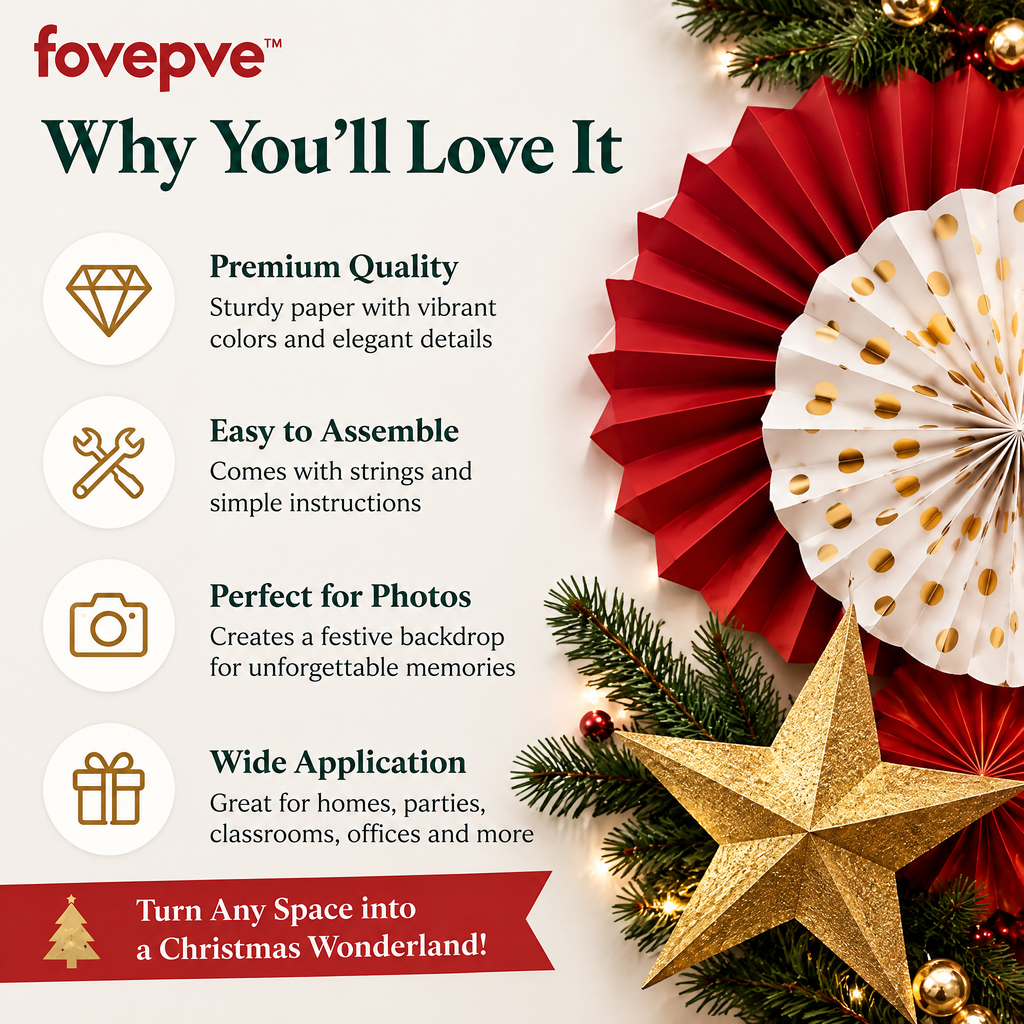 fovepve™ Christmas Paper Fan, Star & Banner Decoration Kit, Hanging Holiday Photo Wall Decor
