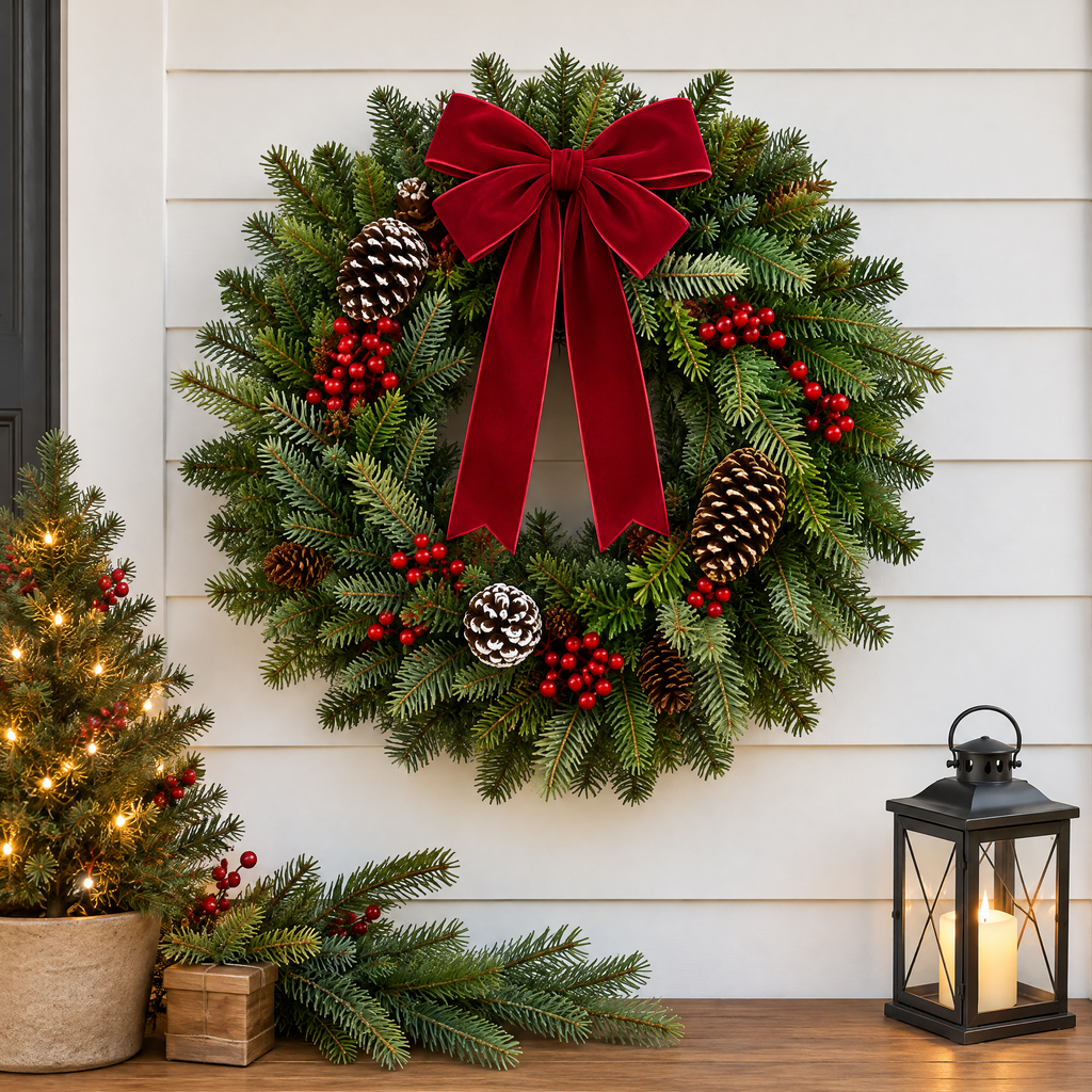fovepve™ Evergreen & Berry Christmas Wreath, 22-Inch Unlit Artificial Door Decoration with Ribbon Bow