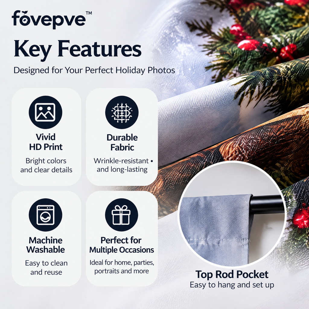 fovepve™ Winter Arch Christmas Photo Backdrop, Printed Fabric Holiday Background with Top Rod Pocket, 5 × 7 Feet