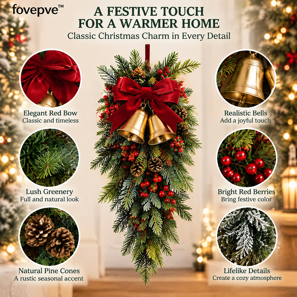 fovepve™ Bell & Bow Christmas Hanging Swag, 28-Inch Unlit Artificial Greenery Door Accent