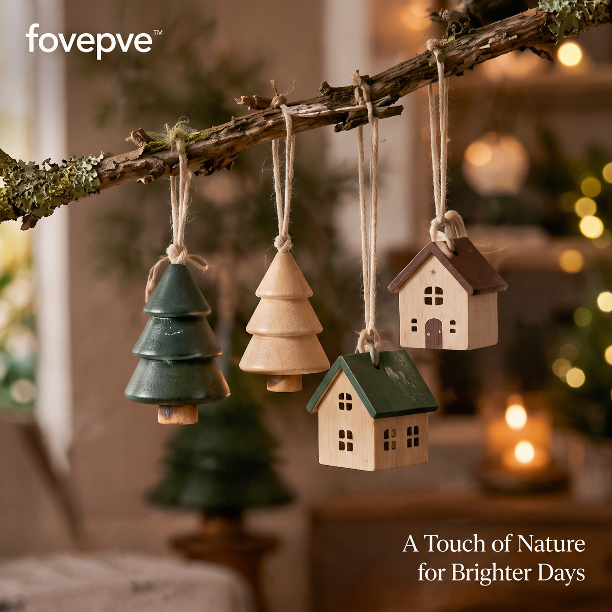 fovepve™ Woodland Hanging Ornament Set, Eight Wooden Tree & House Decorations with Cotton Loops