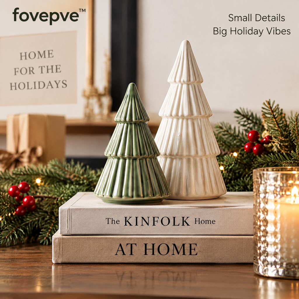 fovepve™ Ribbed Christmas Tree Figurine Set, Two Ceramic Holiday Sculptures for Tabletop & Mantel Decor