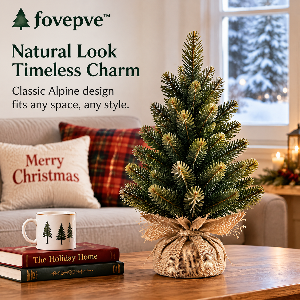 fovepve™ Alpine Tabletop Christmas Tree, 24-Inch Unlit Artificial Pine with Wrapped Base & Foldable Branches