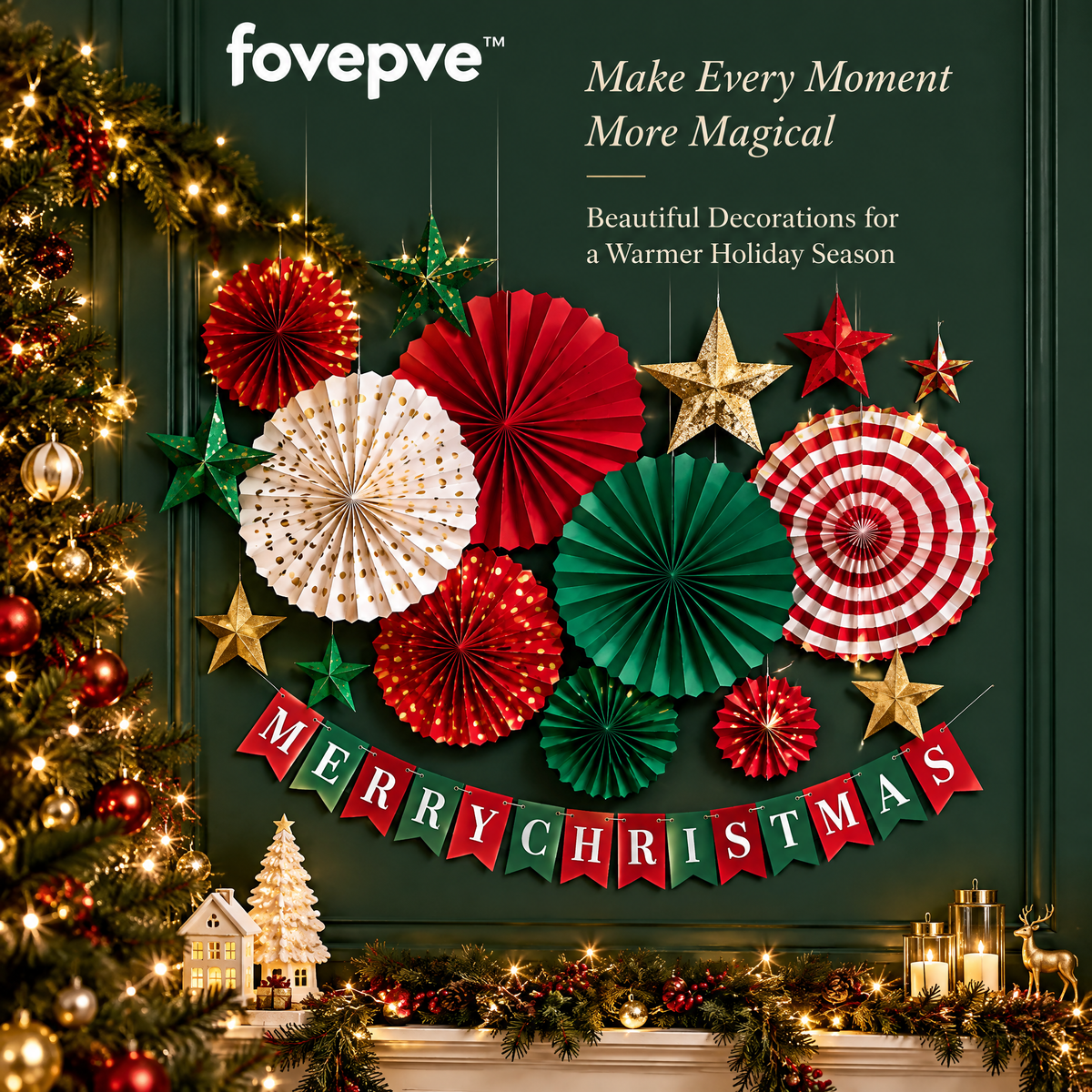 fovepve™ Christmas Paper Fan, Star & Banner Decoration Kit, Hanging Holiday Photo Wall Decor