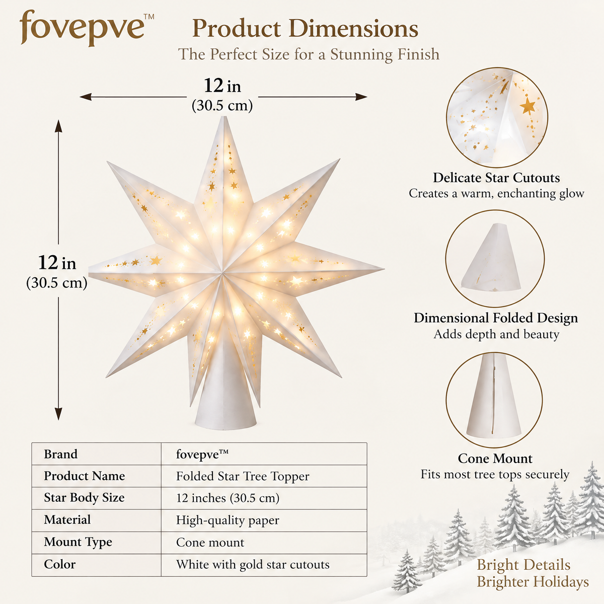 fovepve™ Folded Star Tree Topper, 12-Inch Star Body, Dimensional Paper Christmas Decoration with Cone Mount