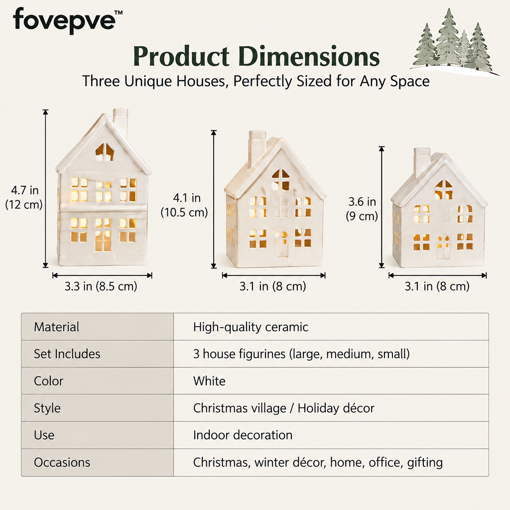 fovepve™ Ceramic Christmas Village Set, Three Decorative House Figurines with Open Window Details
