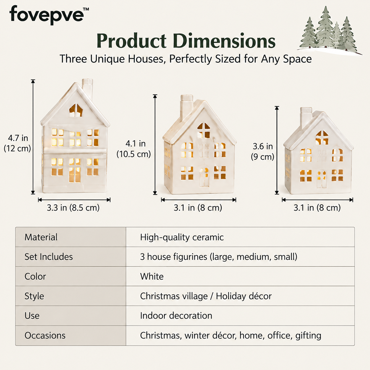 fovepve™ Ceramic Christmas Village Set, Three Decorative House Figurines with Open Window Details