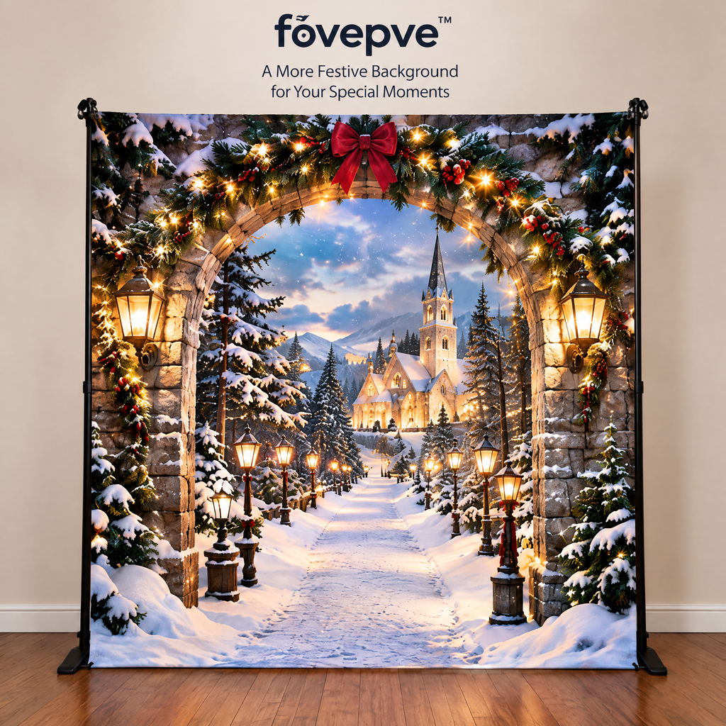 fovepve™ Winter Arch Christmas Photo Backdrop, Printed Fabric Holiday Background with Top Rod Pocket, 5 × 7 Feet