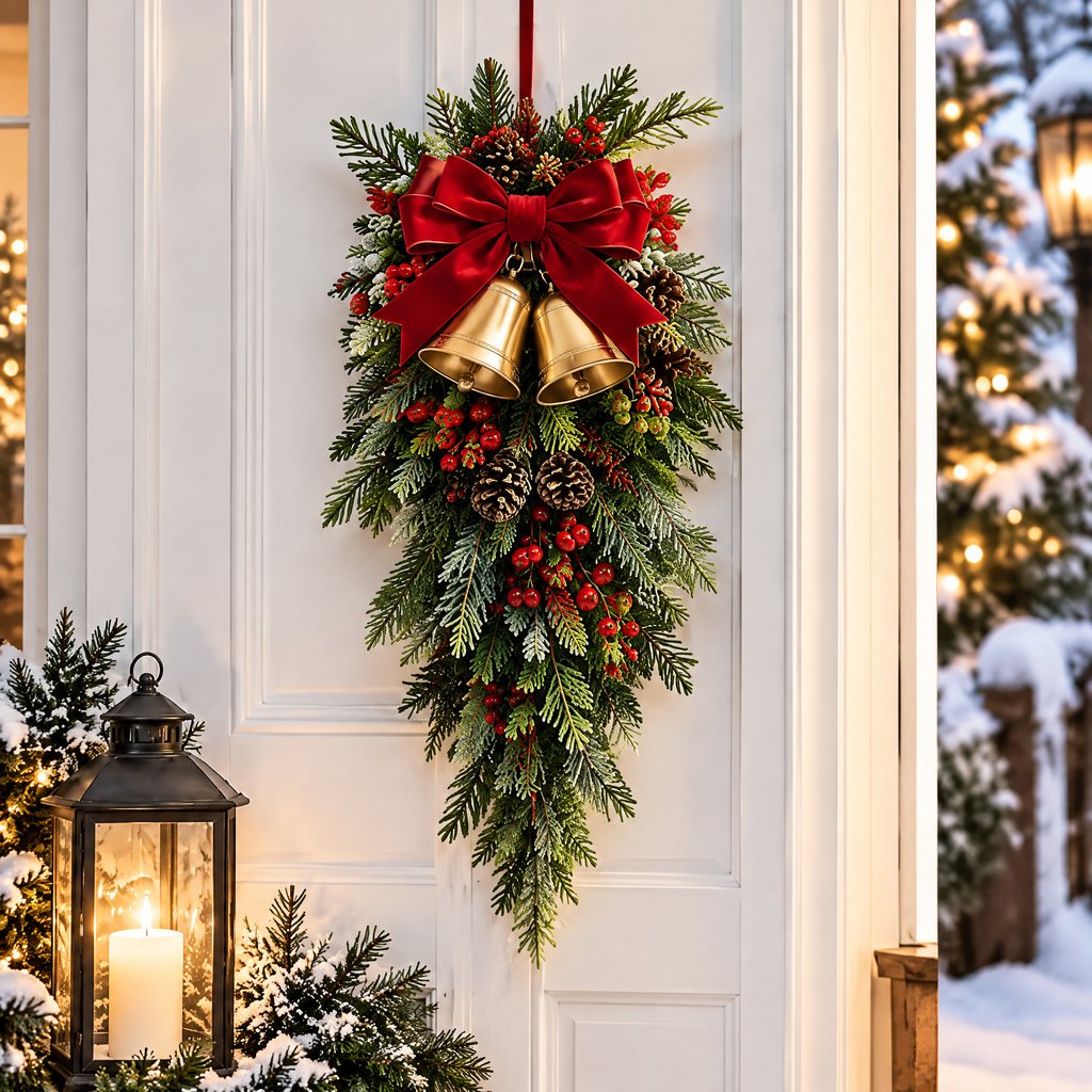 fovepve™ Bell & Bow Christmas Hanging Swag, 28-Inch Unlit Artificial Greenery Door Accent