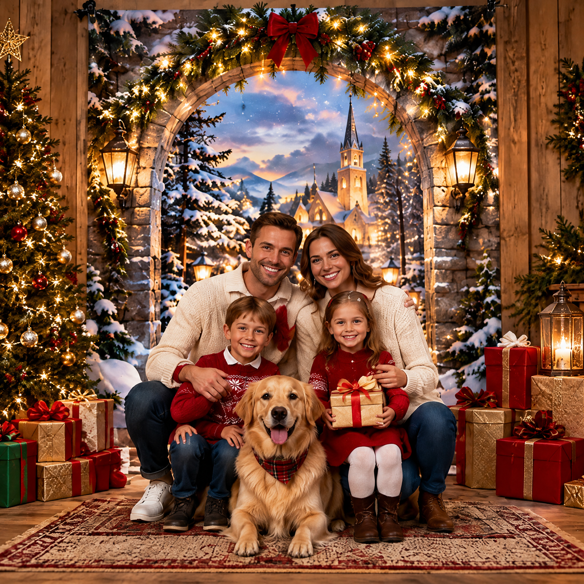 fovepve™ Winter Arch Christmas Photo Backdrop, Printed Fabric Holiday Background with Top Rod Pocket, 5 × 7 Feet