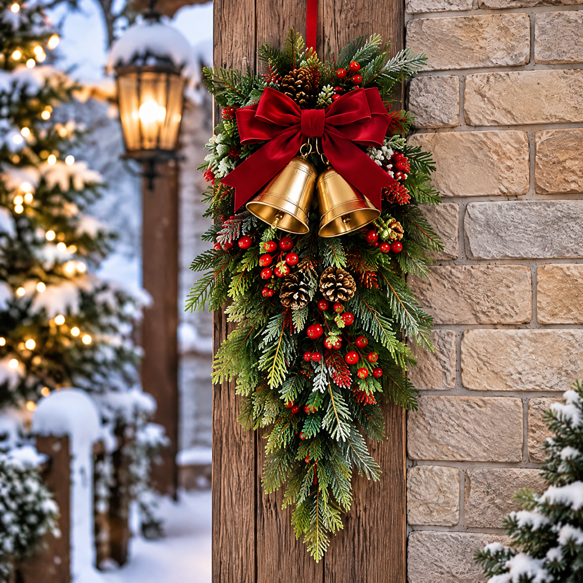 fovepve™ Bell & Bow Christmas Hanging Swag, 28-Inch Unlit Artificial Greenery Door Accent