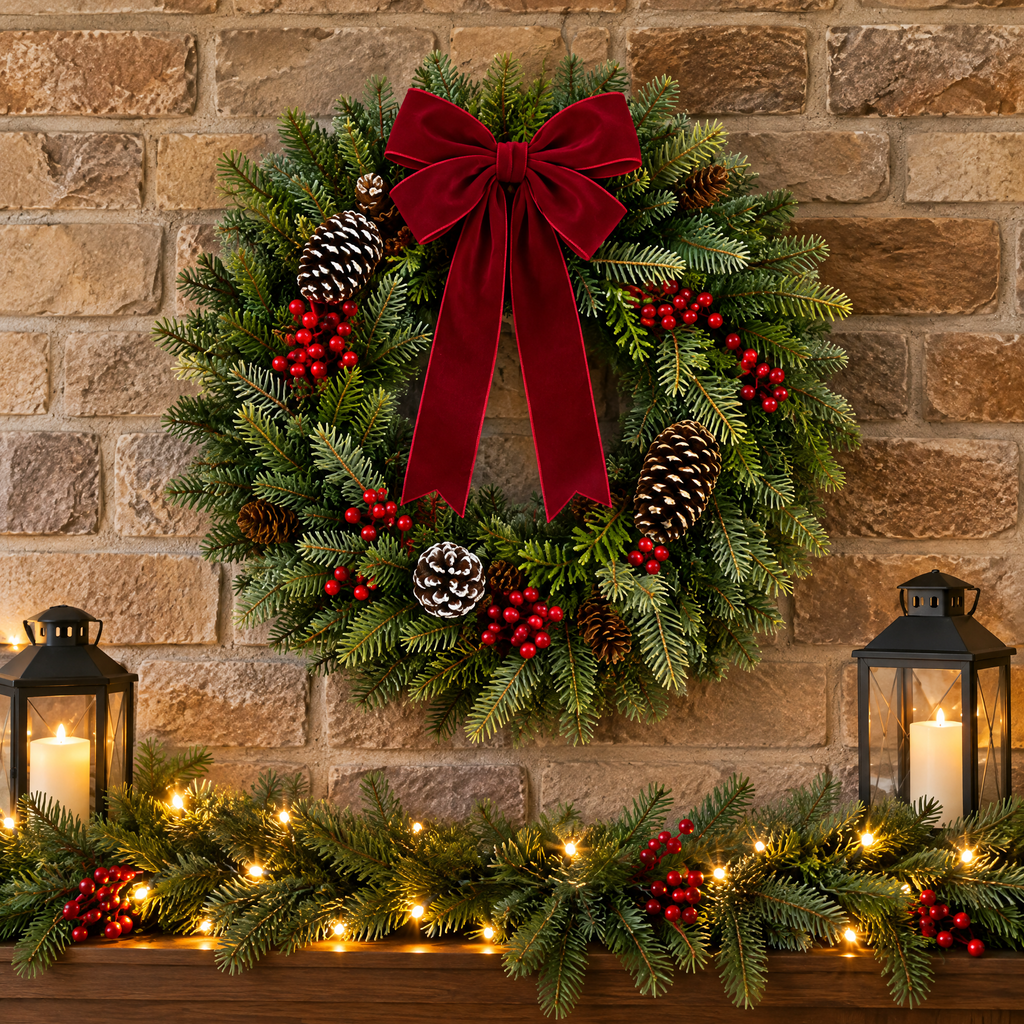 fovepve™ Evergreen & Berry Christmas Wreath, 22-Inch Unlit Artificial Door Decoration with Ribbon Bow