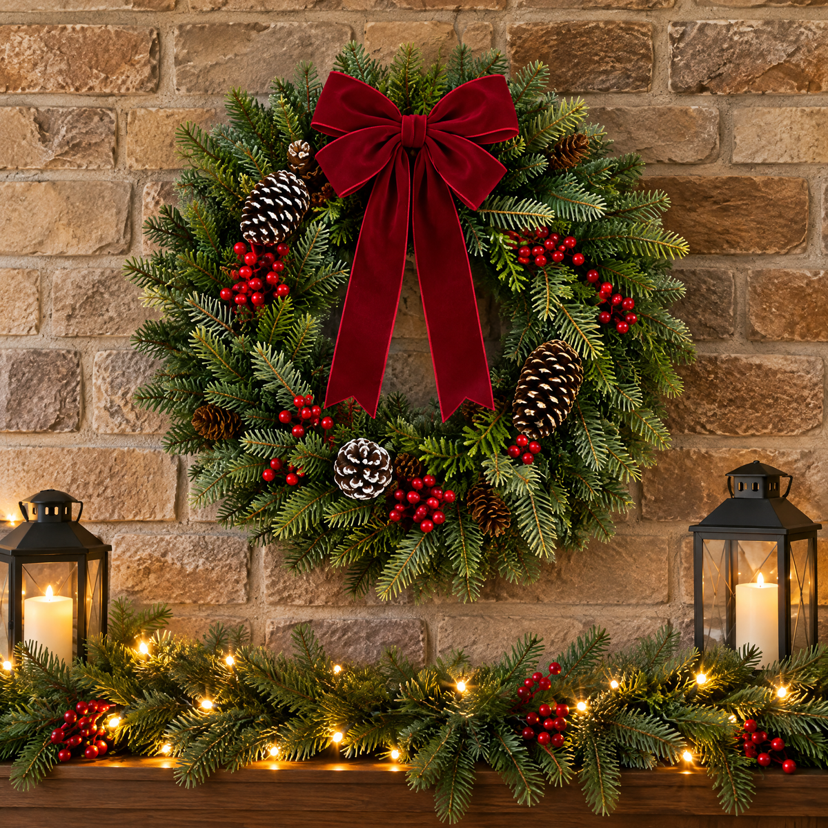 fovepve™ Evergreen & Berry Christmas Wreath, 22-Inch Unlit Artificial Door Decoration with Ribbon Bow