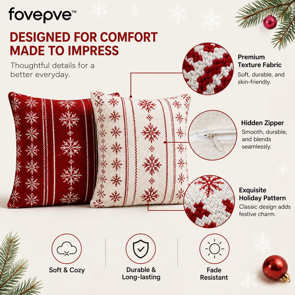 fovepve™ Holiday Texture Pillow Cover Set, Two 18-Inch Decorative Cushion Cases with Zipper Closures