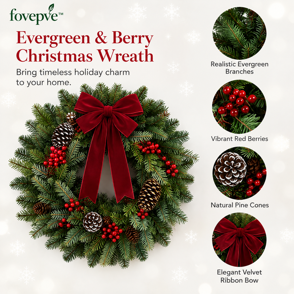 fovepve™ Evergreen & Berry Christmas Wreath, 22-Inch Unlit Artificial Door Decoration with Ribbon Bow