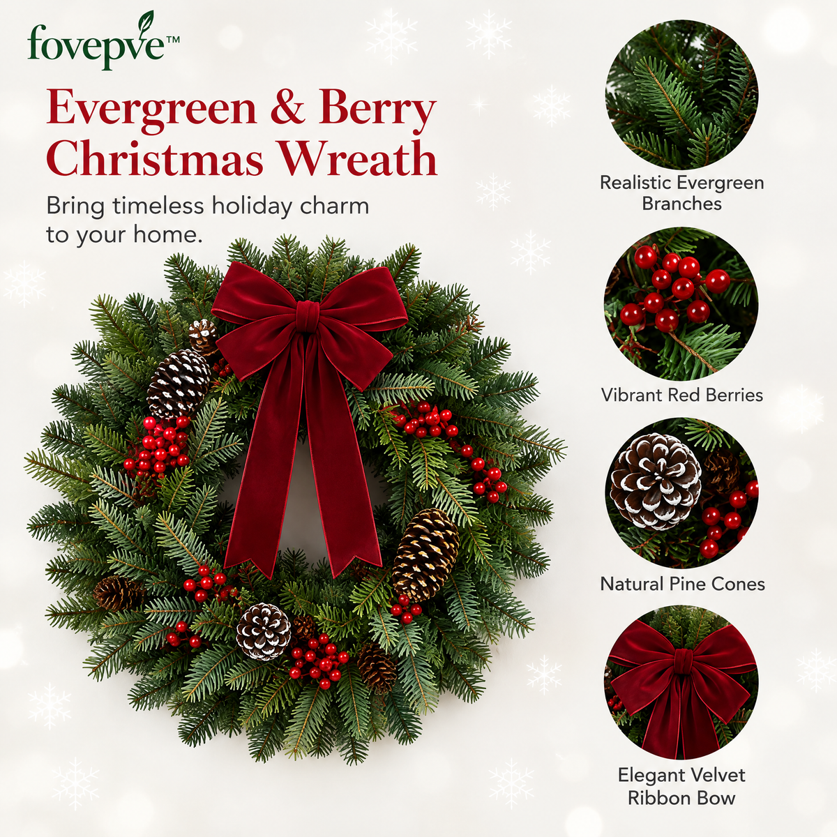 fovepve™ Evergreen & Berry Christmas Wreath, 22-Inch Unlit Artificial Door Decoration with Ribbon Bow