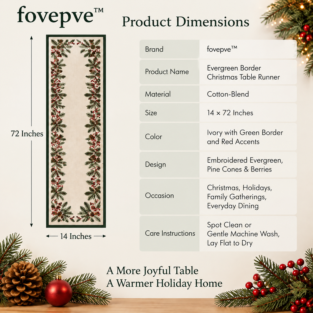 fovepve™ Evergreen Border Christmas Table Runner, Embroidered Cotton-Blend Holiday Dining Decor, 14 × 72 Inches