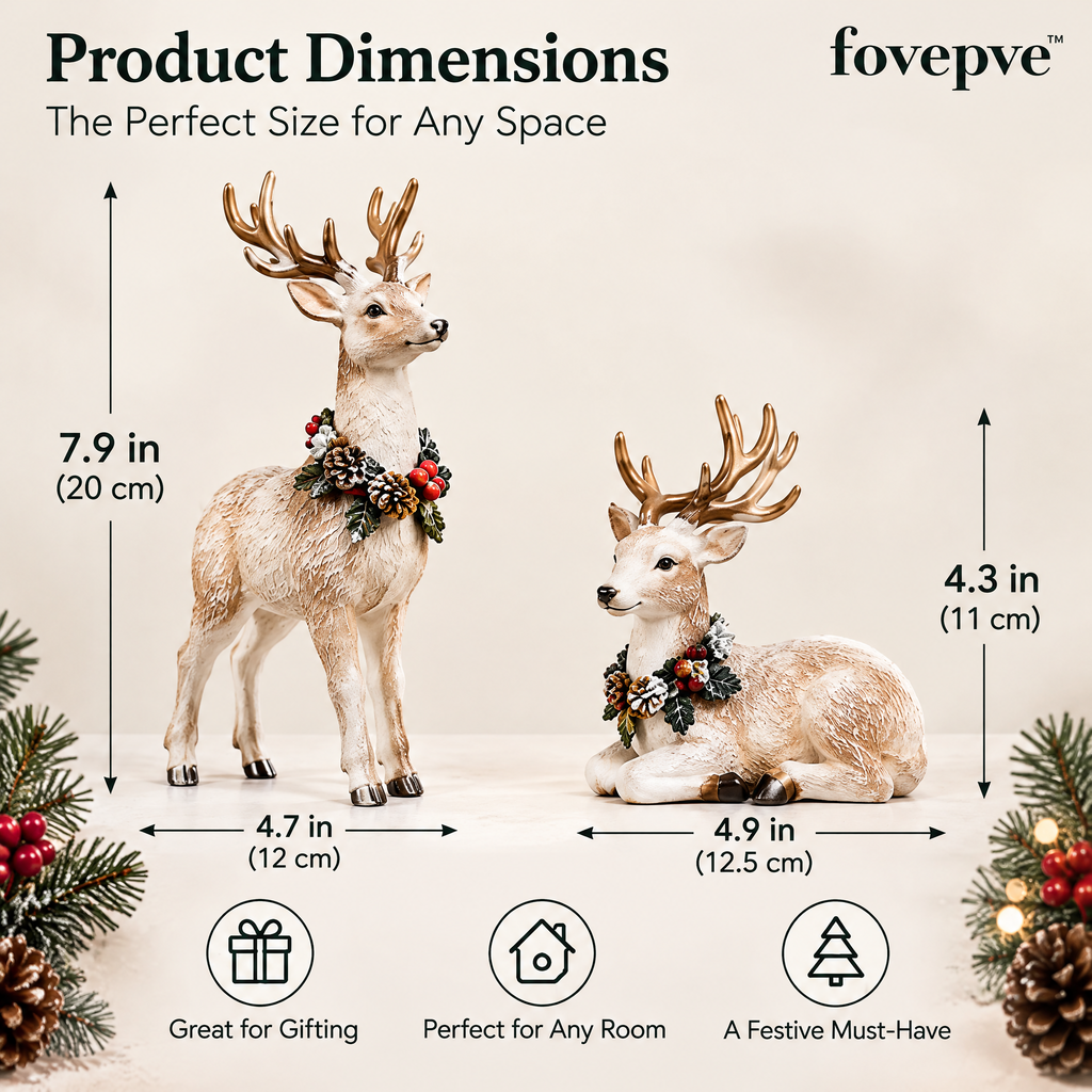 fovepve™ Winter Reindeer Figurine Pair, Resin Standing & Resting Deer Sculptures for Christmas Shelf Decor