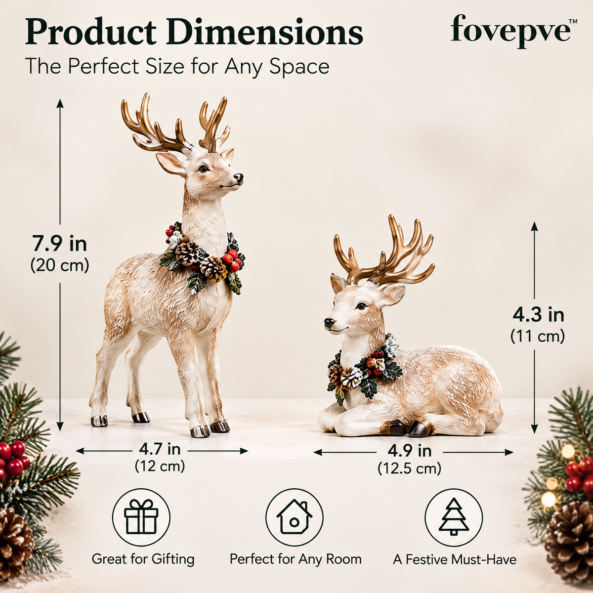 fovepve™ Winter Reindeer Figurine Pair, Resin Standing & Resting Deer Sculptures for Christmas Shelf Decor